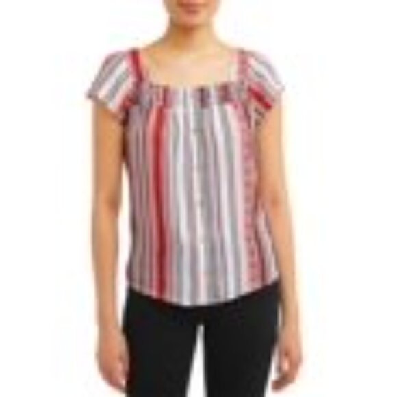 NWT NOBO BROWN/RUST/WHITE STRIPE FLUTTER SLEEVE SQUARE NECK SMOCK TOP XL (15-17) - Picture 2 of 12